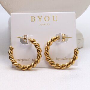 BYOU Gold Tone Sandra Twist Hoop Earrings $38 New